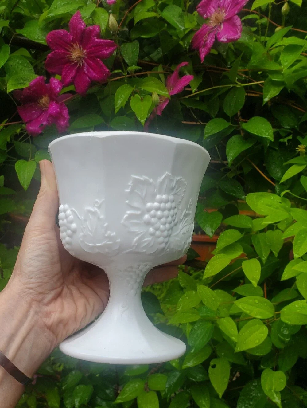 Indiana Glass Vintage White Milk Glass Pedestal Bowl Vase Compote Harvest Grape